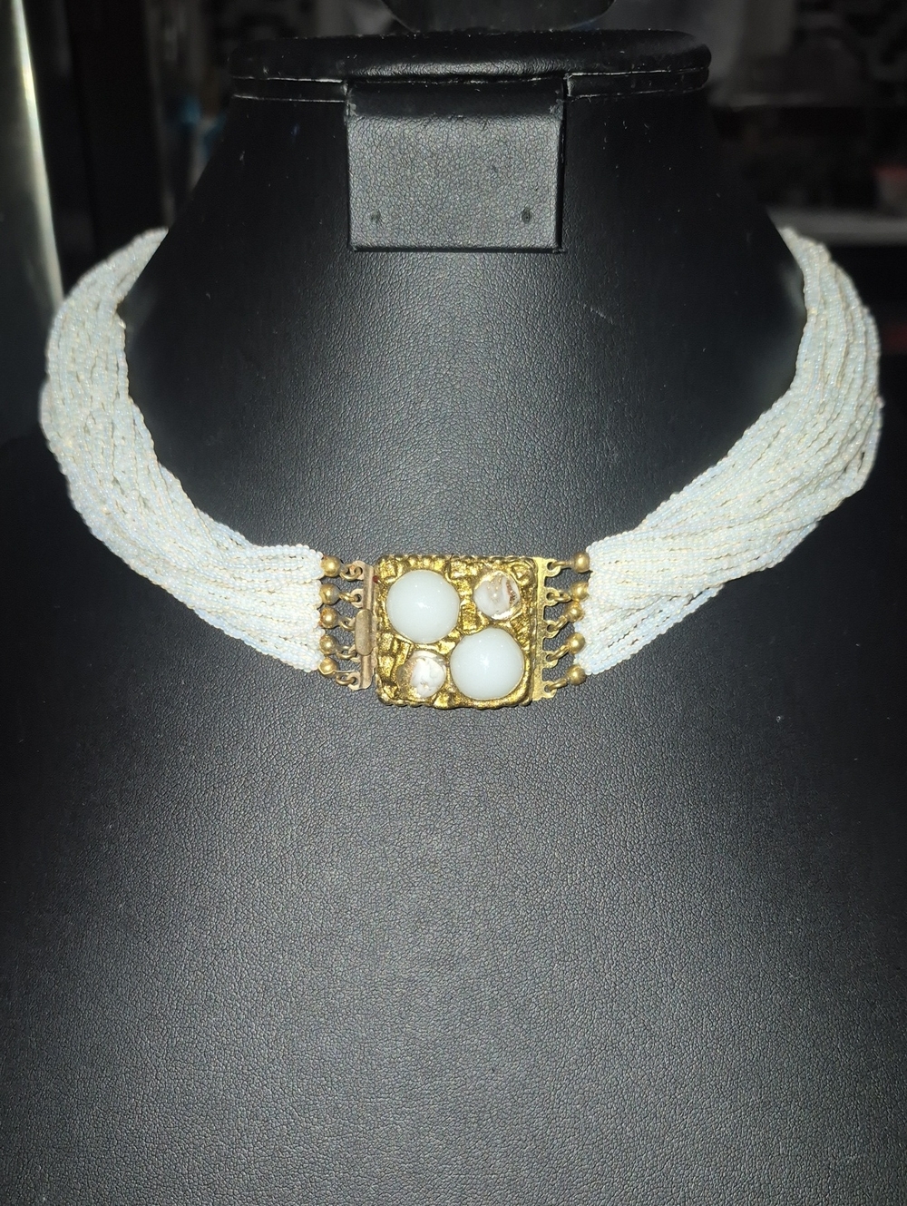 Vintage White Glass Sea Beaded Multi-Strand Choker Torsade Necklace
